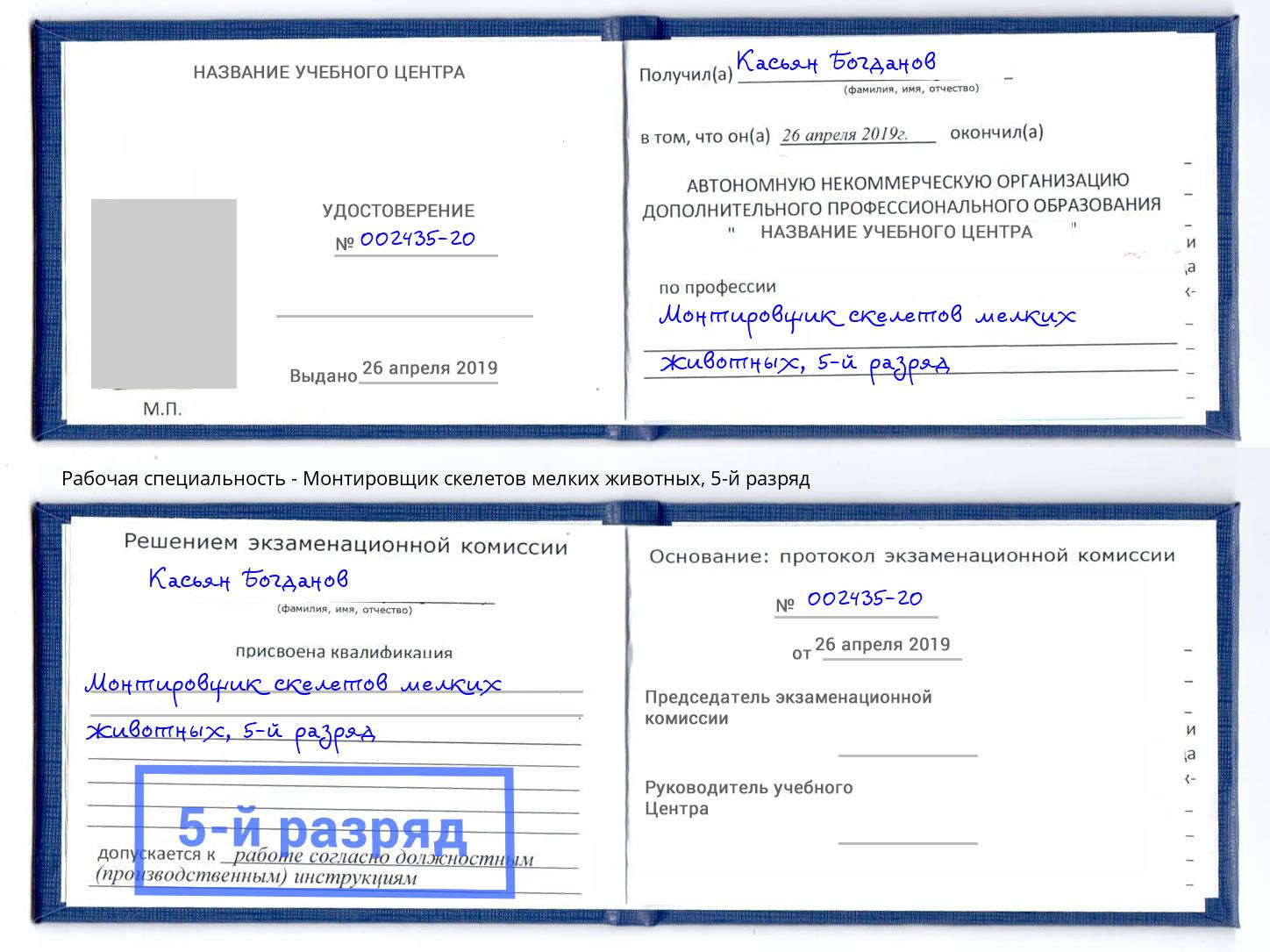 корочка 5-й разряд Монтировщик скелетов мелких животных Ачинск