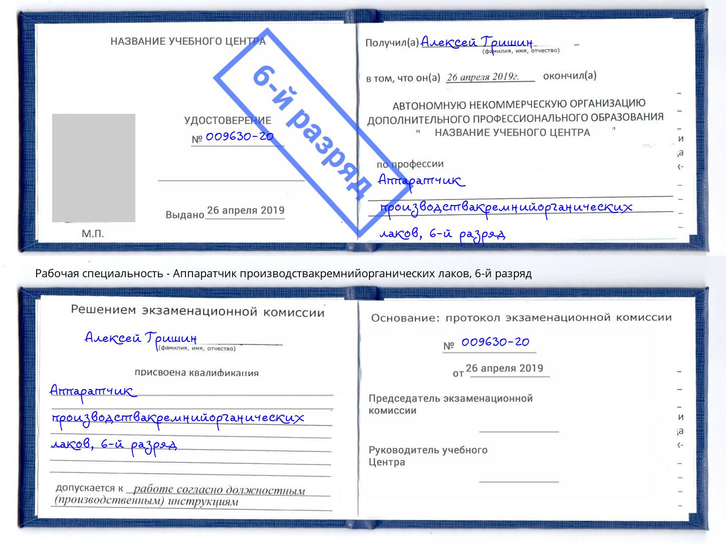 корочка 6-й разряд Аппаратчик производствакремнийорганических лаков Ачинск